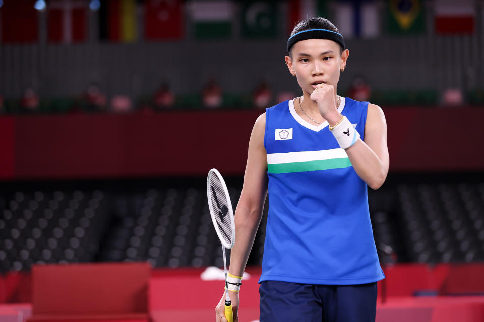 CHOFU, JAPAN - AUGUST 01: Tai Tzu-Ying of Team Chinese Taipei react as she competes against Chen Yu Fei of Team China during the Women’s Singles Gold Medal match on day nine of the Tokyo 2020 Olympic Games at Musashino Forest Sport Plaza on August 01, 2021 in Chofu, Tokyo, Japan. (Photo by Lintao Zhang/Getty Images)