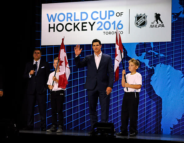 TORONTO, ON - SEPTEMBER 9: Sidney Crosby of Team Canada is introduced during the World Cup of Hockey Media Event on September 9, 2015 at Air Canada Centre in Toronto, Ontario, Canada. (Photo by Graig Abel/NHLI via Getty Images)