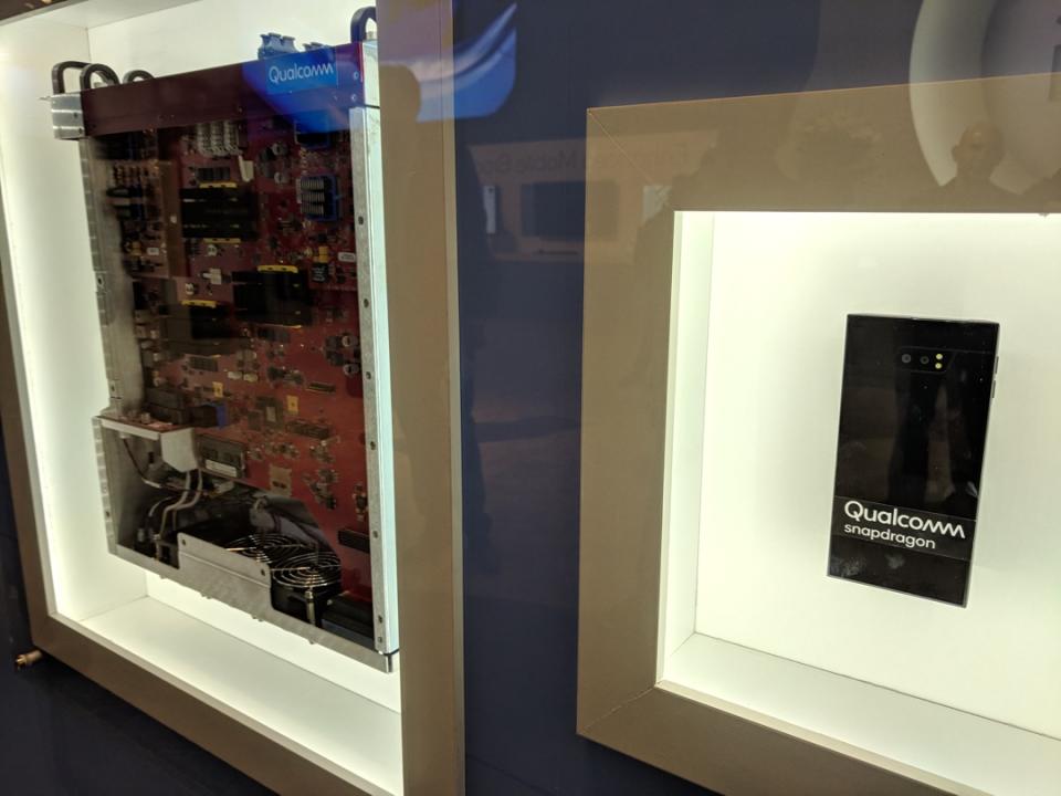 On the left is an example of Qualcomm’s early 5G equipment. On the right is its smartphone chip.