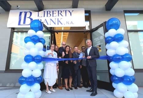 Liberty Bank, NA and the City of Milbrae welcome the opening of the new Liberty Bank branch at Gateway@Millbrae Station with an official ribbon cutting ceremony on Monday, August 26, 2024. Participating in the festivities are, from left to right, Deborah Marsten, President and Chief Operating Officer of Liberty Bank, NA, Sinéad McElhone, President of the Millbrae Chamber of Commerce, Tom Williams, City Manager of Millbrae, Tricia Mangabat, VP Relationship Manager of Liberty Bank, NA, Ann Schneider, City Councilwoman of Millbrae, Bill Gardner, Branch Operations Manager of Liberty Bank, NA, Shine Hatfield, Customer Service Representative, Ravinal Chandra, Treasury Management Officer and Anders Fung, Mayor of Millbrae.