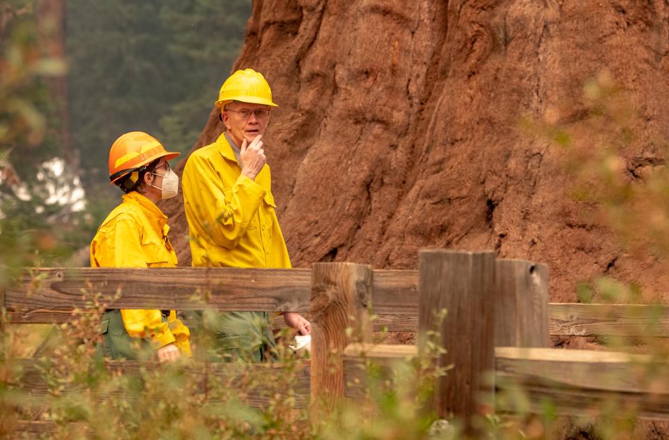 Christy Brigham, Chief of Resources Management & Science, Sequoia & Kings Canyon National Parks, left, and Sequoia and Kings Canyon National Parks Superintendent Clay Jordan walk among sequoia trees near the General Sherman Tree on Wednesday, September 22, 2021 