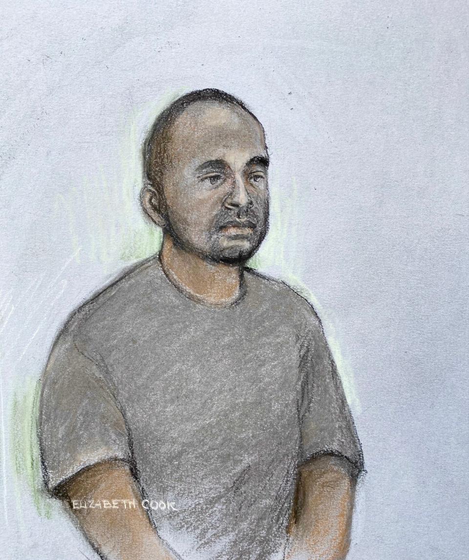 Court artist sketch by Elizabeth Cook of Lee Byer, 44, of Southall, west London appearing at Willesden Magistrates' Court in north west London, in connection with the murder of 87-year-old Thomas O'Halloran, who was stabbed to death as he rode in his mobility scooter in Greenford, west London, on Tuesday. Picture date: Friday August 19, 2022.