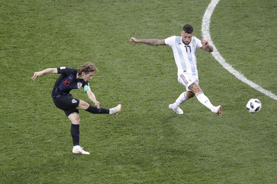 <p>Goal: One number 10 from La Liga stepped up to score for his country, but it wasn’t Messi. Luka Modric scores from outside the box to put Croatia 2-0 up. (AP) </p>