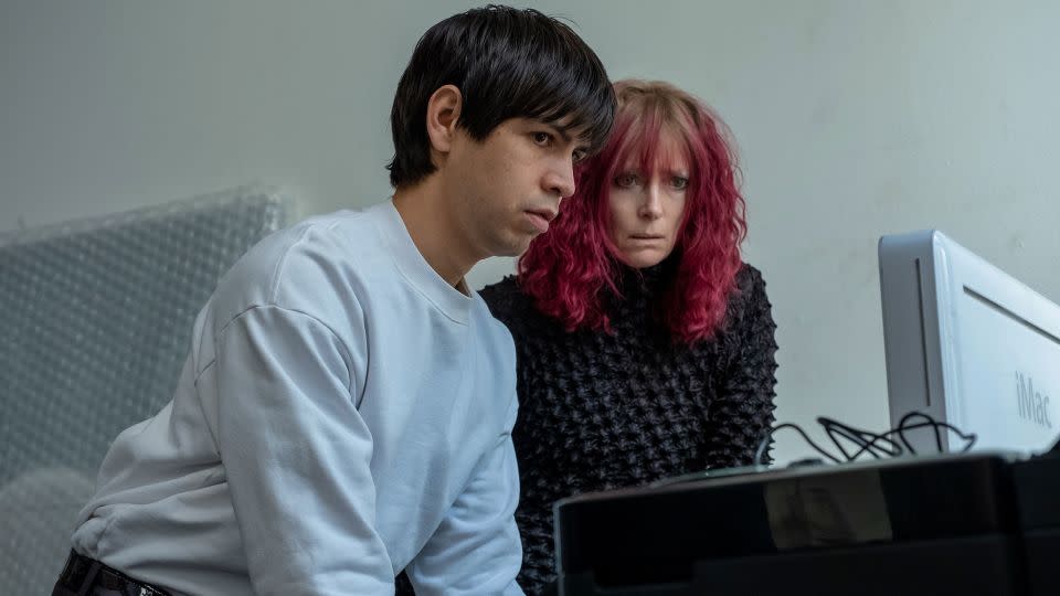 Desperate for a sponsor who can help him stay in the US, Salvadoran immigrant Alejandro (Julio Torres) puts up with irrational antics from Elizabeth (Tilda Swinton) in "Problemista." - Jon Pack/FreezeCorp/A24 Film
