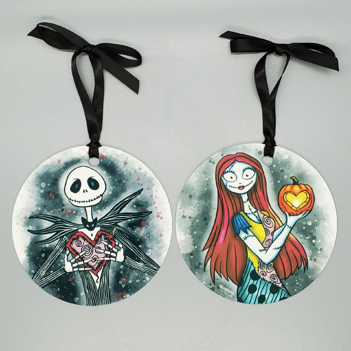 Jack and Sally Original Illustration Flat Metal Ornaments
