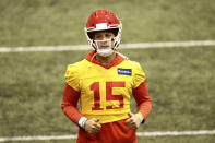 Kansas City Chiefs Quarterback Patrick Mahomes (15) during NFL football practice Thursday, Feb. 4, 2021, in Kansas City, Mo. The Chiefs will face the Tampa Bay Buccaneers in Super Bowl 55. (Steve Sanders/Kansas City Chiefs via AP)