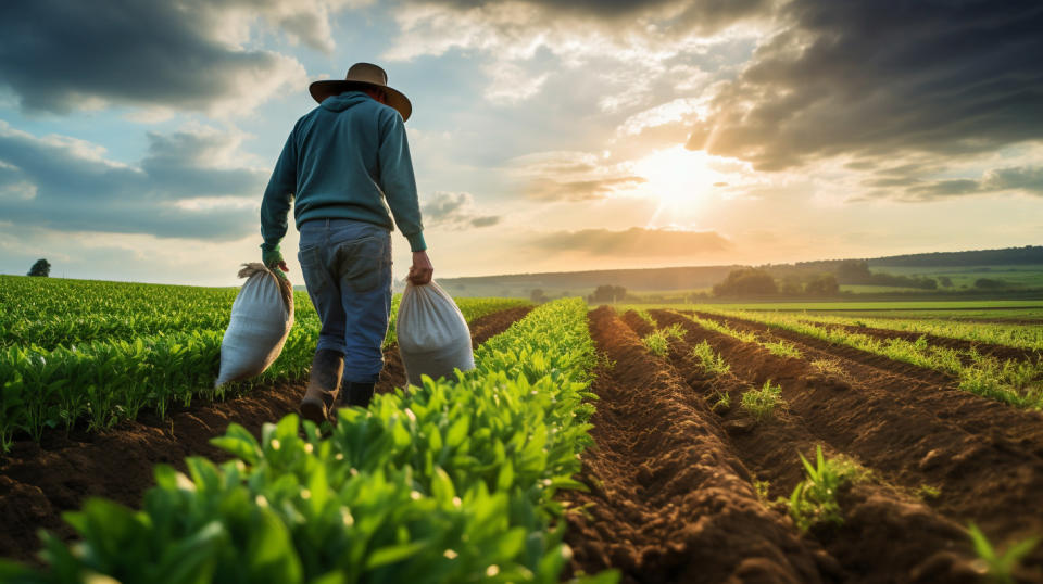 A farmer tending to his crops in a field, with a fertiliser bag nearby.