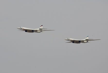 FILE PHOTO:  Russian Tu-160 bombers fly during a joint Kazakh-Russian military exercise at Otar military range, some 150km (93 miles) west of Almaty, Kazakhstan, October 3, 2008.  REUTERS/Shamil Zhumatov/File Photo