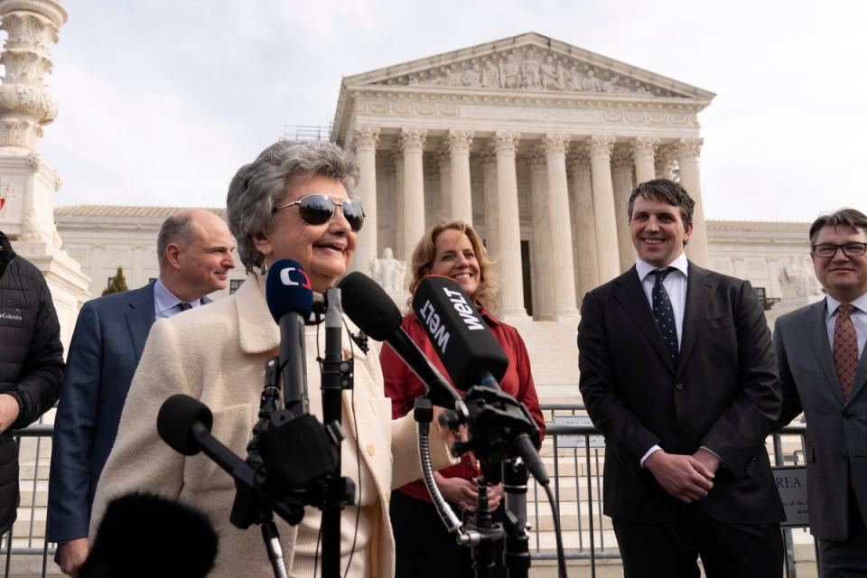 Norma Anderson, the lead plaintiff in a case to disqualify Donald Trump from 2024 ballots, speaks outside the US Supreme Court on 8 February (AP)