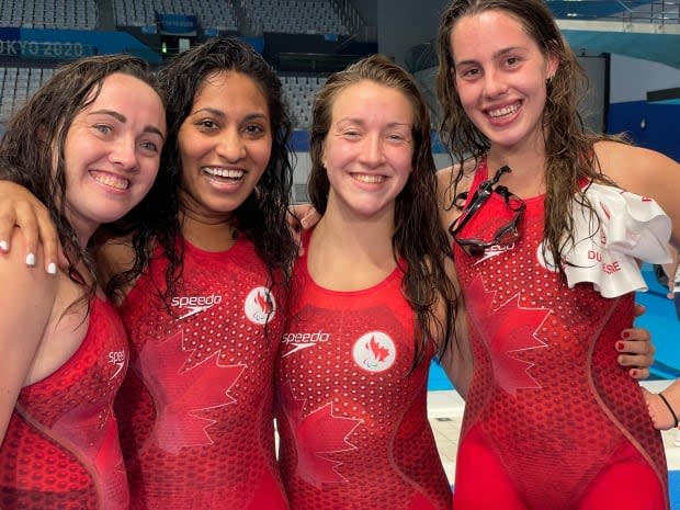 The Canadian women's 4x100-metre freestyle relay team was awarded a third-place finish following a pair of disqualifications at the Tokyo Aquatics Centre on Sunday. (Oliver Walters/CBC - image credit)