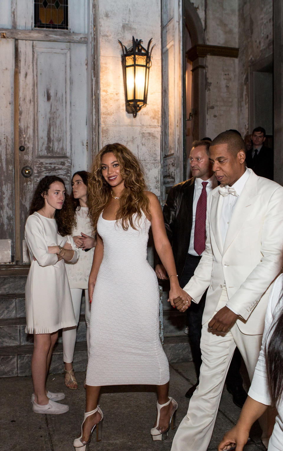 <p>It’s usually a massive no no to wear white to a wedding, but if you’re Beyonce you can pretty much get away with anything right? To her sister Solange’s nuptials in 2014, Beyonce and Jay Z looked dapper in white attire.<em> [Photo: Getty]</em> </p>