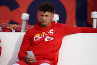 Kansas City Chiefs quarterback Patrick Mahomes sits on the bench prior to an NFL football game against the Denver Broncos, Thursday, Oct. 17, 2019, in Denver. (AP Photo/Jack Dempsey)