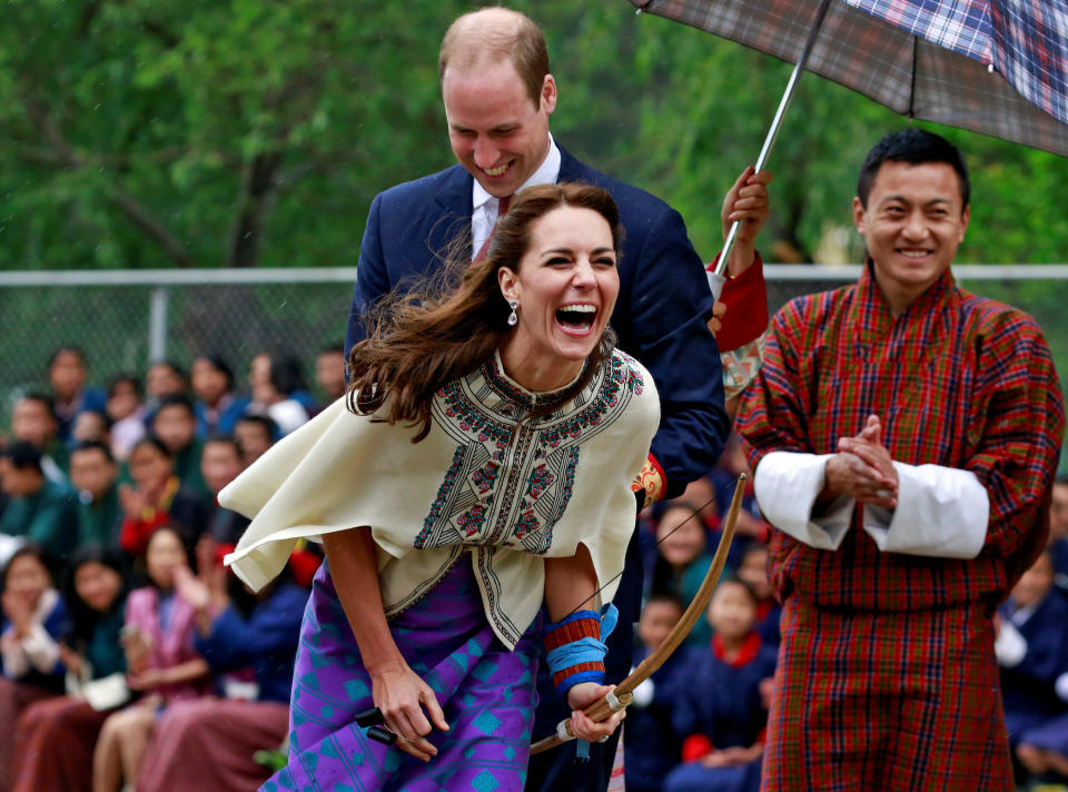 Britain's Catherine, Duchess of Cambridge reacts after shooting an arrow at Changlimithang Archery Ground in Thimphu, Bhutan, April 14, 2016.&nbsp;