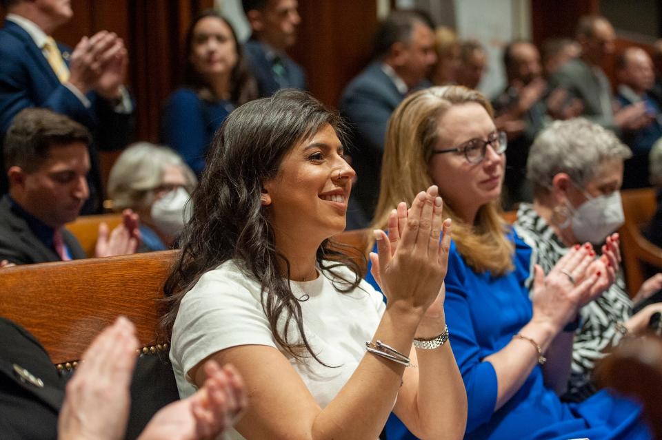 State Rep. Priscila Sousa, D-Framingham, of the newly created 6th Middlesex District, takes part in the Democratic caucus at the State House prior to her swearing-in ceremony, Jan. 4, 2023.