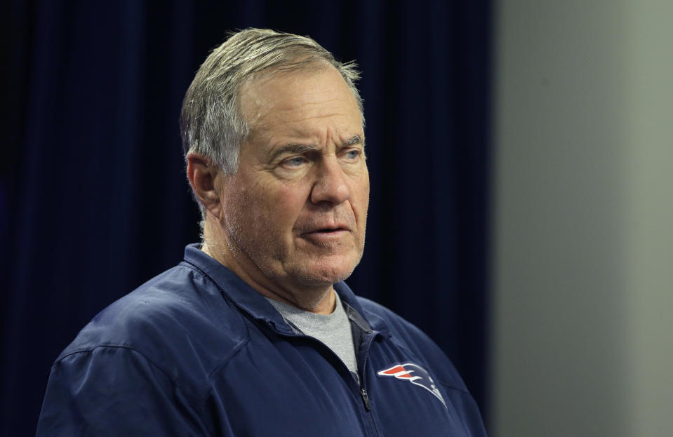 New England Patriots head coach Bill Belichick takes questions from members of the media before NFL football practice, Wednesday, Sept. 26, 2018, in Foxborough, Mass. (AP Photo/Steven Senne)