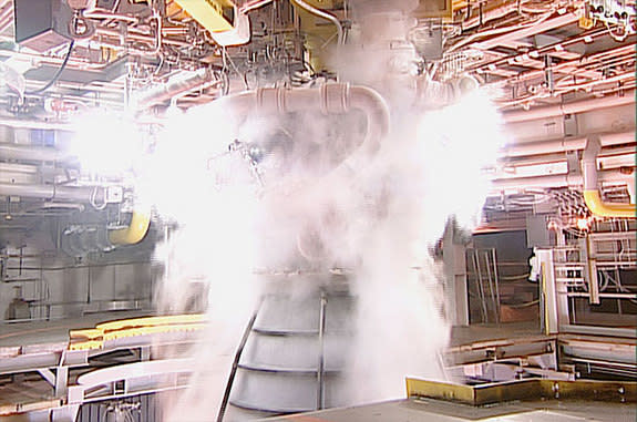 Close-up view of the NASA Stennis Space Center’s A-1 test stand during the RS-25 engine test on Jan. 9, 2015.