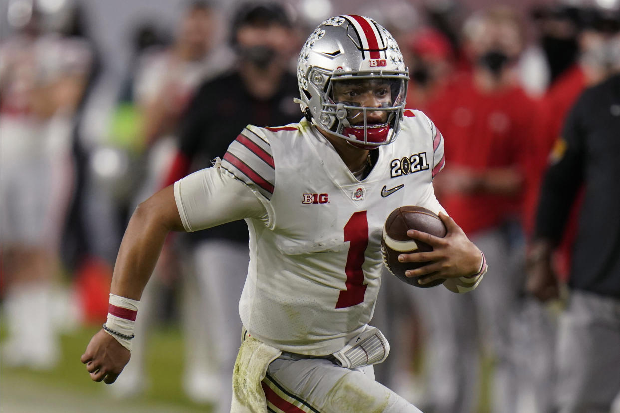 Ohio State quarterback Justin Fields could be an option for the Jaguars, even if he's not the favorite to be the first pick in the draft. (AP Photo/Chris O'Meara)