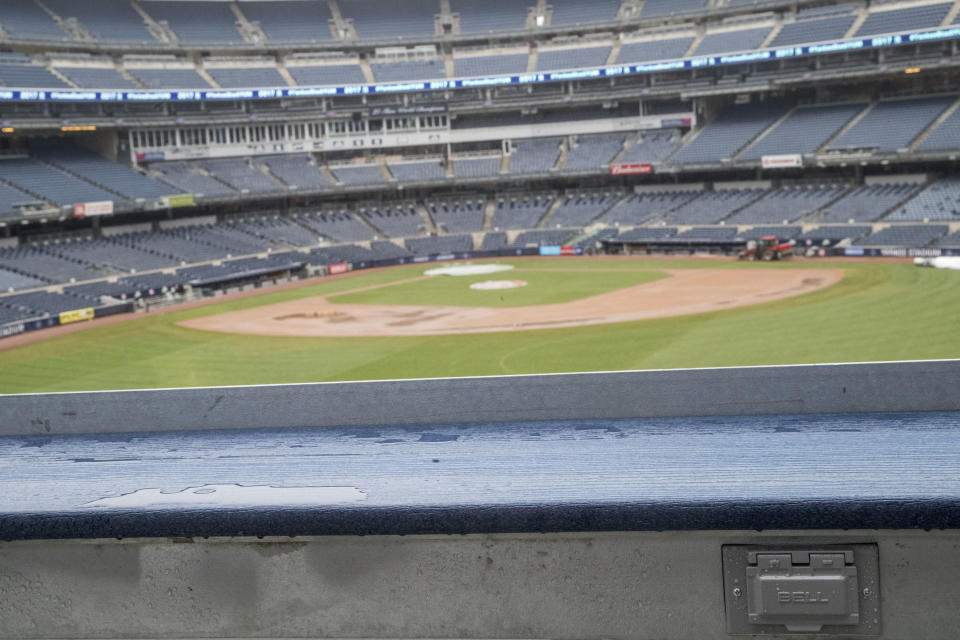 An electrical power charging station, bottom right, with a view of the baseball diamond from the Masterpass Batter's Eye Deck during a media tour of Yankee stadium, Tuesday, April 4, 2017, in New York. The New York Yankees home-opener at the ballpark is scheduled for Monday, April 10, 2017, against the Tampa Bay Rays. (AP Photo/Mary Altaffer)