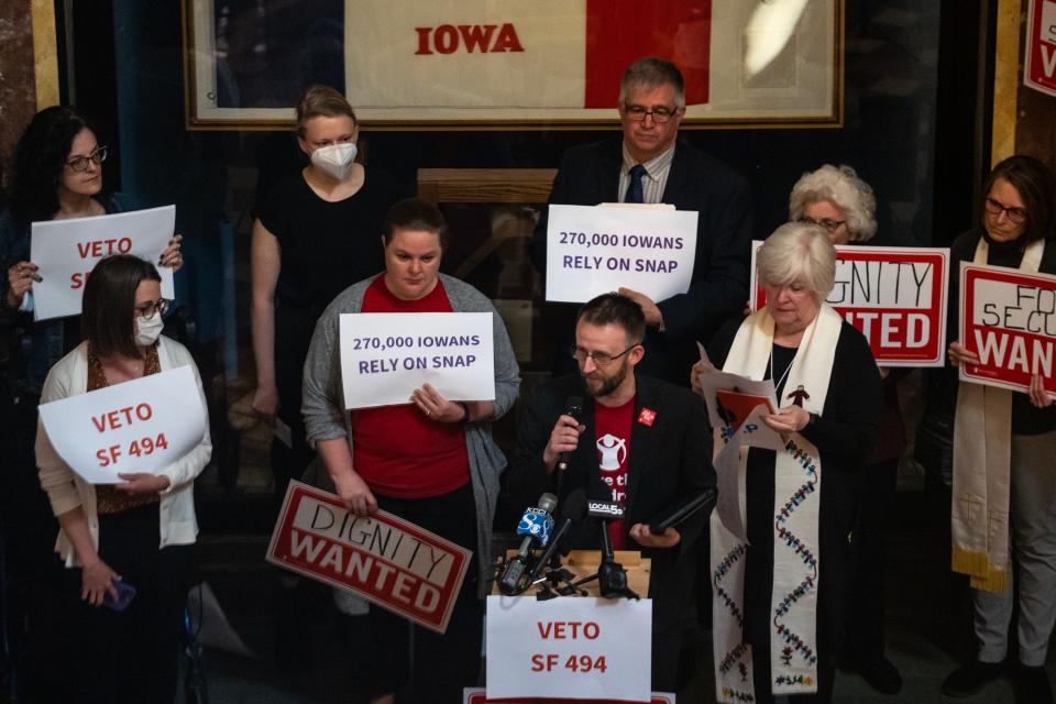 E.J. Wallace, a regional advisor for the Save the Children Action Network, advocates for the Supplemental Nutrition Assistance Program during a news conference on Tuesday, April 18, 2023, in the rotunda of the Iowa State Capitol, in Des Moines. The speakers asked Governor Reynolds to veto Senate File 494, a bill that would block households with more than $15,000 in liquid assets from receiving SNAP benefits.