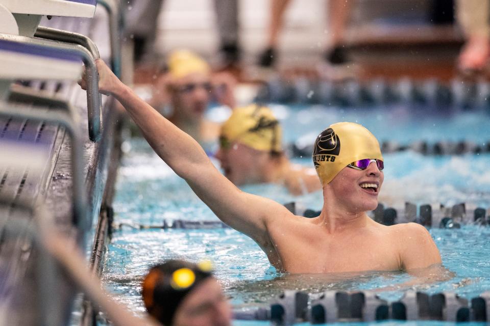 Weston Stewart of Lone Peak High School reacts to his finishing time after competing at the Utah 6A State Meet at the Stephen L. Richards Building in Provo on Saturday, Feb. 24, 2024. | Marielle Scott, Deseret News