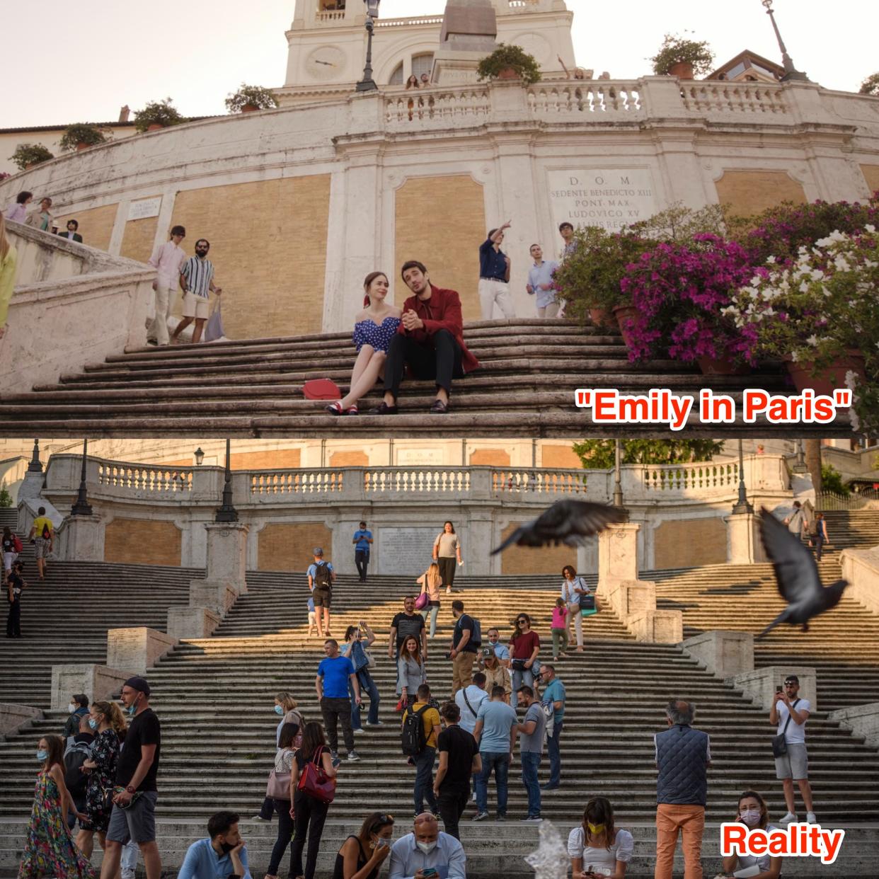 The Spanish Steps in "Emily in Paris" and in real life.