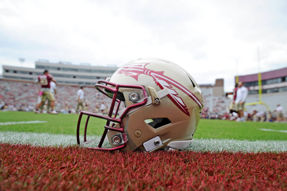 Oct 7, 2017; Tallahassee, FL, USA; View of a Florida State Seminoles helmet on the field before the game against the Miami Hurricanes at Doak Campbell Stadium. Mandatory Credit: Melina Vastola-USA TODAY Sports