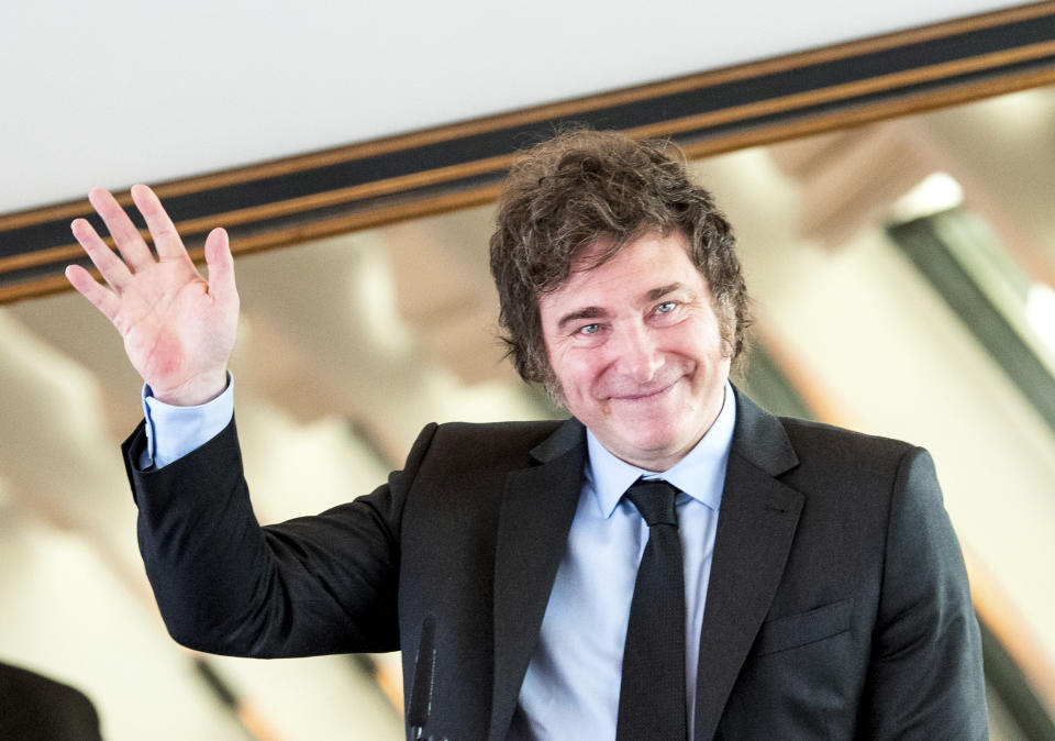 Argentinian President Javier Milei speaks on the occasion of his award of the Hayek Medal of the Friedrich August v. Hayek Society, in Hamburg, Germany, Saturday, June 22, 2024. (Daniel Bockwoldt/dpa via AP)