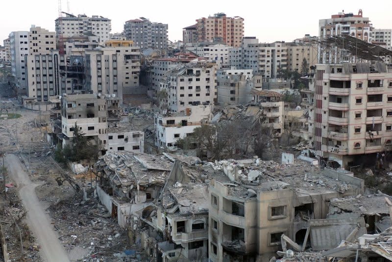 An aerial photo taken by drone on Tuesday shows the destruction in the middle of Gaza City after relentless attacks by Israel bombs this week. Photo by Mustafa Thraya/UPI