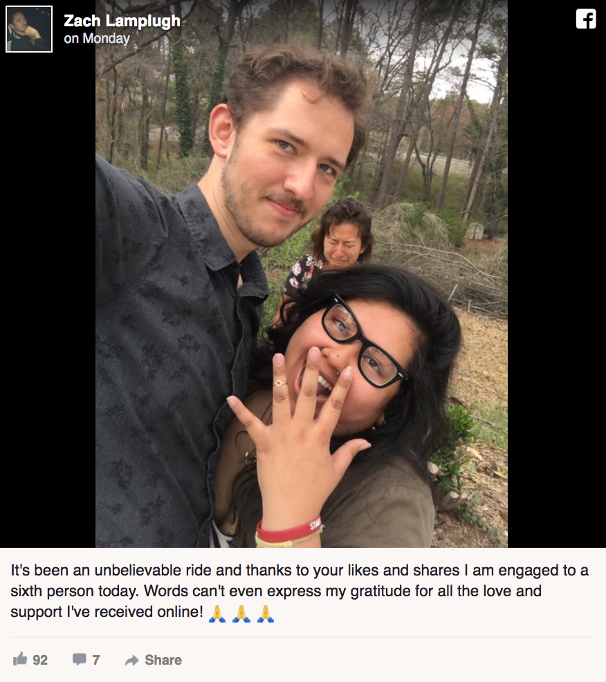 A guy's Facebook feed goes viral after sharing a series of engagement photos — with multiple people.