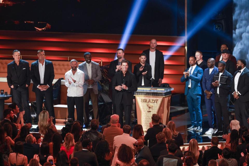 PHOTO: Tom Brady and roast participants onstage during G.R.O.A.T The Greatest Roast Of All Time: Tom Brady for the Netflix is a Joke Festival in Inglewood, CA, May 05, 2024. (Matt Winkelmeyer/Getty Images for Netflix)