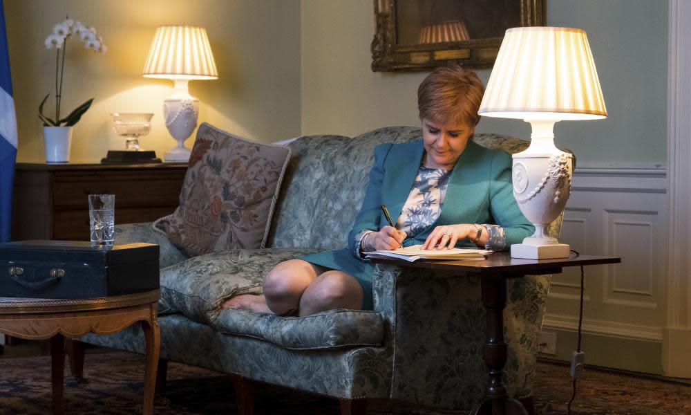Scotland’s First Minister Nicola Sturgeon working on the final draft of her Section 30 letter to Britain’s Prime Minister Theresa May