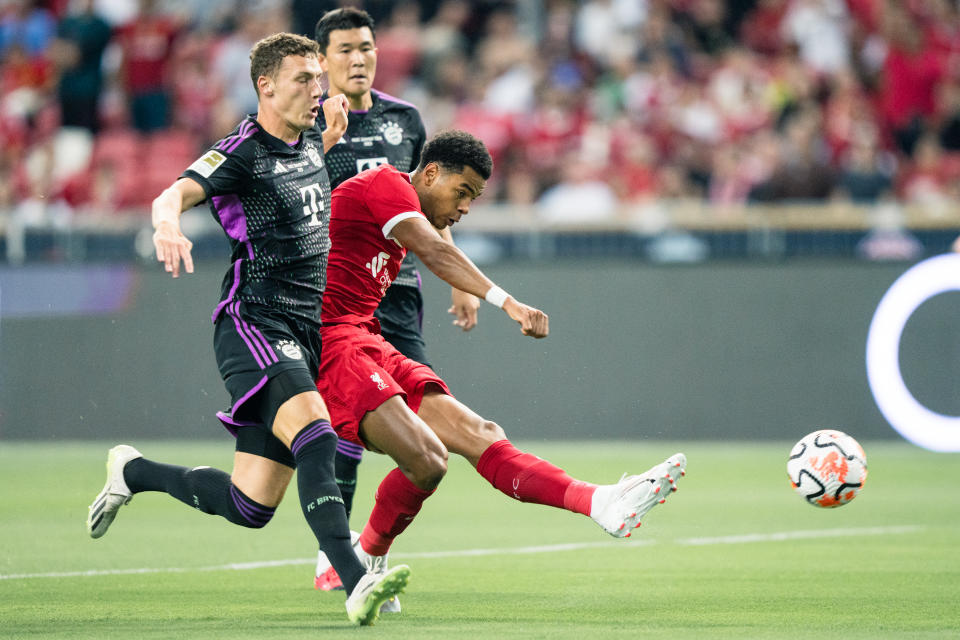 Liverpool forward Cody Gakpo scores their first goal against Bayern Munich in their Festival of Football friendly at the National Stadium in Singapore.