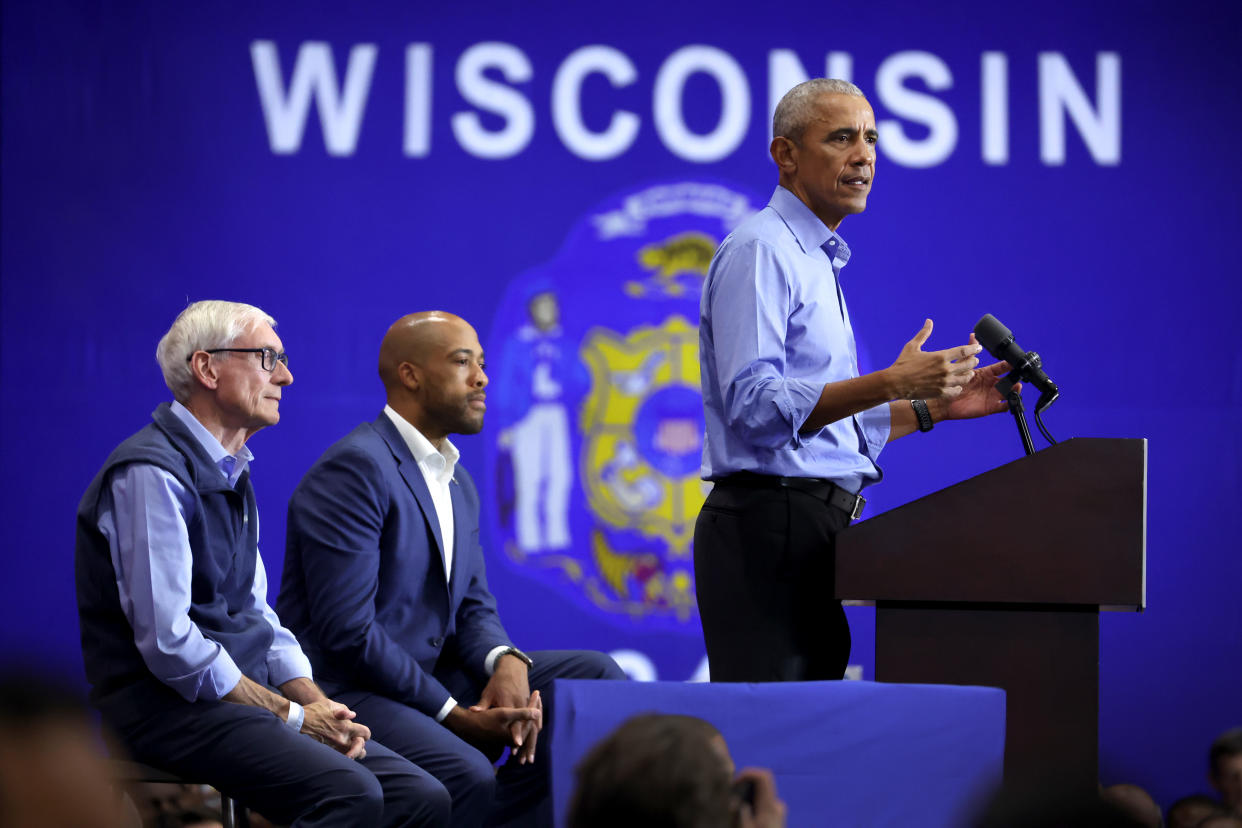 MILWAUKEE, WISCONSIN - OCTOBER 29: Former US President Barack Obama speaks at a rally with Wisconsin Governor Tony Evers (L) and Democratic candidate for U.S. Senate in Wisconsin Mandela Barnes on October 29, 2022 in Milwaukee, Wisconsin. Evers and Barnes, who currently serves as the state's lieutenant governor, are in the midst of close mid-term races. (Photo by Scott Olson/Getty Images)