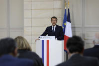 French President Emmanuel Macron speaks during a press conference on the situation in Lebanon, Sunday, Sept.27, 2020 in Paris. Lebanon's prime minister-designate Moustapha Adib resigned Saturday amid a political impasse over government formation, dealing a blow to French President Emmanuel Macron's efforts to break a dangerous stalemate in the crisis-hit country. (AP Photo/Lewis Joly, Pool)