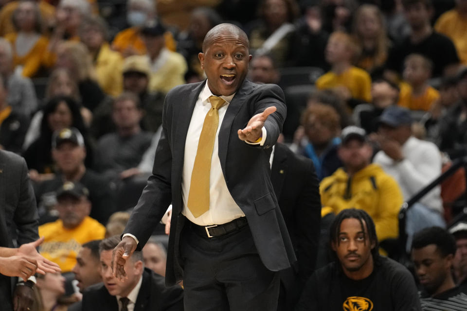 Missouri head coach Dennis Gates is seen on the sidelines during the first half of an NCAA college basketball game against Mississippi State Saturday, Feb. 10, 2024, in Columbia, Mo. (AP Photo/Jeff Roberson)