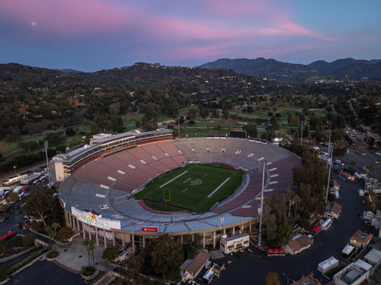 In an aerial view, the Rose Bowl Stadium is seen as preparations are made for the Rose Bowl game on Dec. 27, 2023. (David McNew/Getty Images)