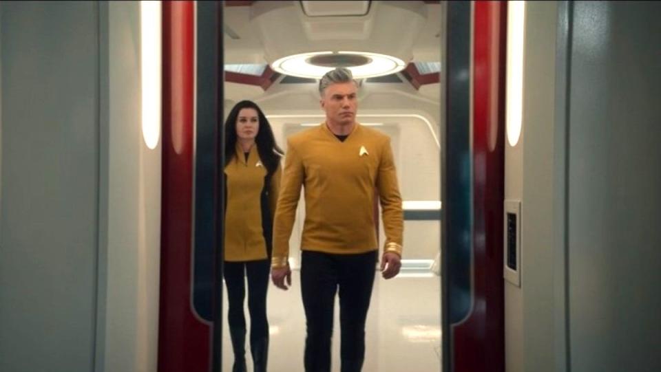 Captain Pike and Number One walk through a door on Star Trek: Strange New Worlds