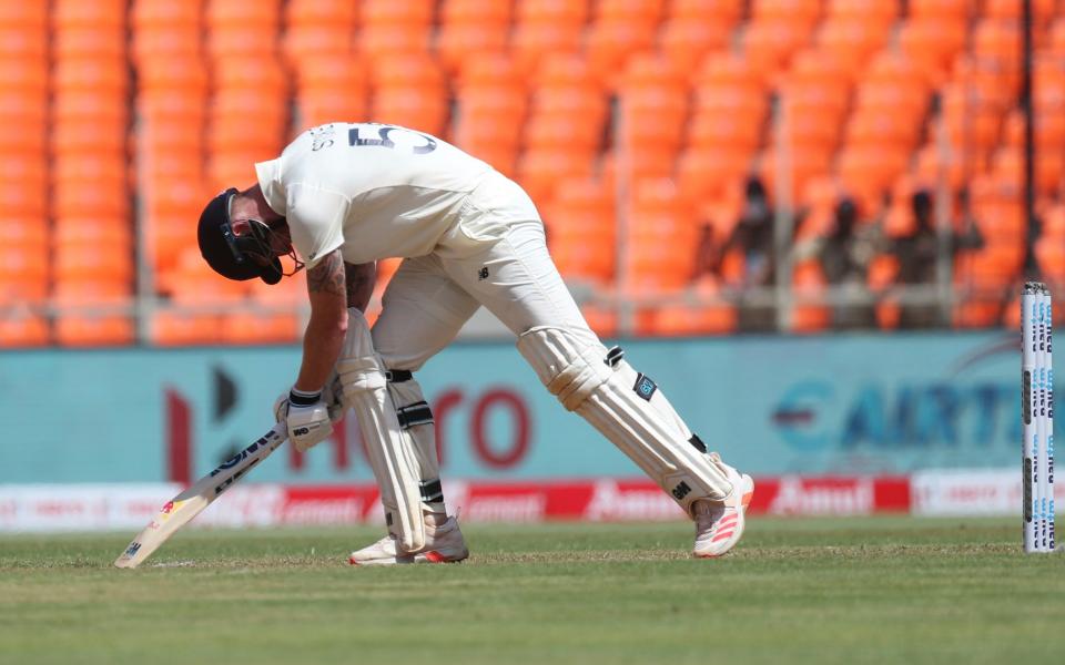 Ben Stokes is pinned by Washington Sundar