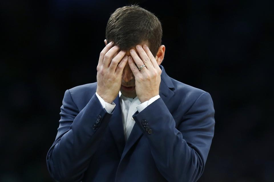 Boston Celtics coach Brad Stevens reacts during the second half of the team's NBA basketball game against the Los Angeles Clippers in Boston, Saturday, Feb. 9, 2019. (AP Photo/Michael Dwyer)