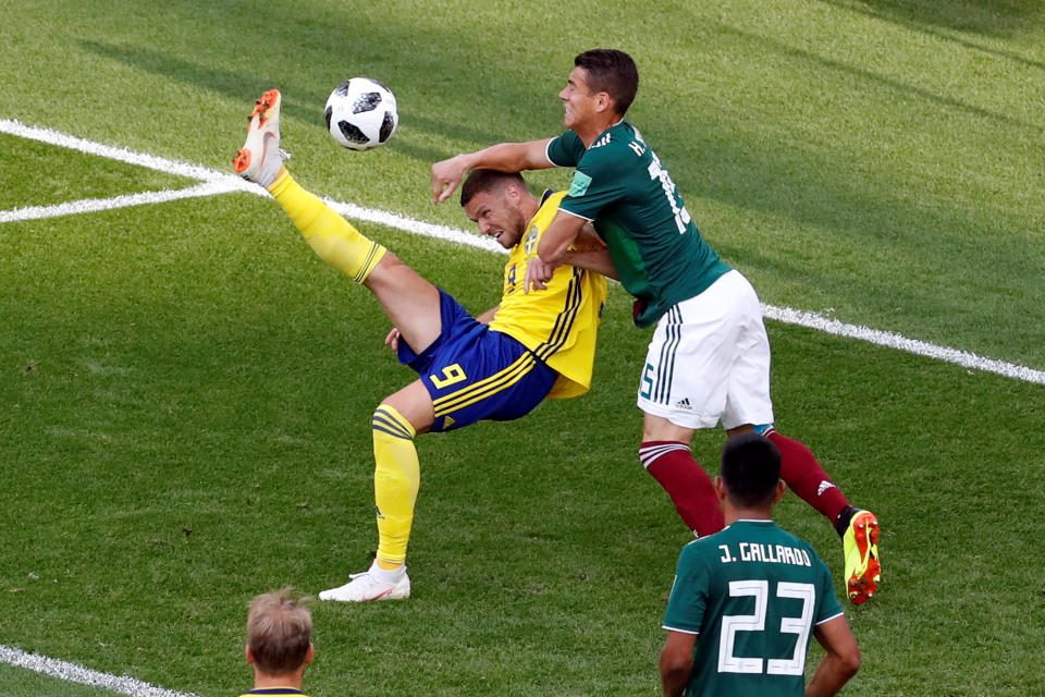 <p>Sweden’s Marcus Berg almost puts Sweden in front </p>