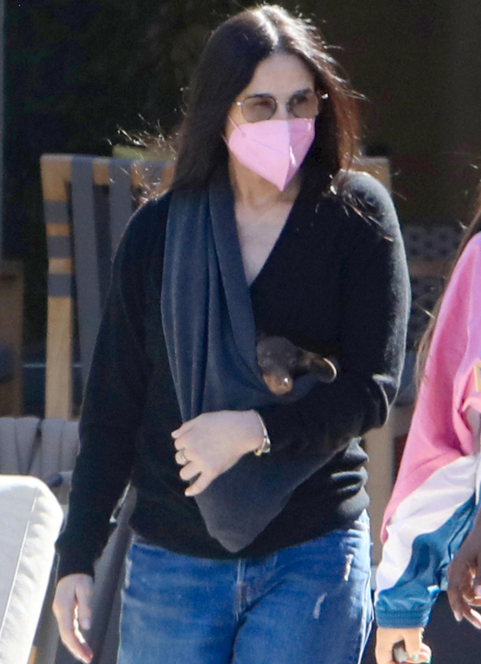 <p>Demi Moore carries her adorable dog in a sling as she furniture shops with friends in West Hollywood on Monday.</p>