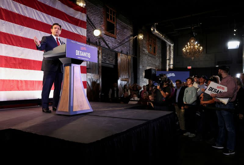 Iowa Governor Reynolds endorses Florida Governor DeSantis's bid to be the Republican nominee in the 2024 presidential race, in Des Moines