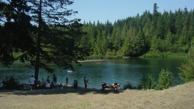 Puntledge River, at the outlet of the Comox Lake Reservoir, is a popular spot during the summer. The dry winter has led to low water levels, however. 