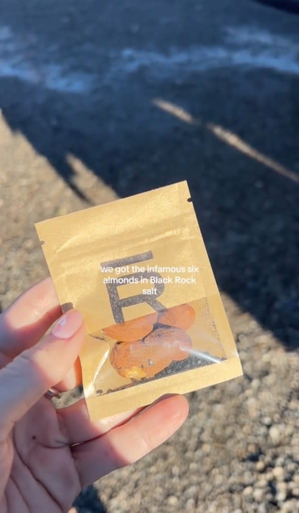 The original Ranch, near Los Angeles, has been known for serving light snacks on its hikes, like six almonds, pictured here. Its since upped its snack game, particularly at the Hudson Valley outpost attendees told The Post. @tory.trombley/TikTok