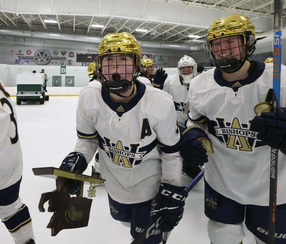 Archbishop Williams Caroline Batchelder, center, celebrates at the conclusion of their game against Belmont capturing the division 1 final four trophy on Thursday, March 7, 2024.