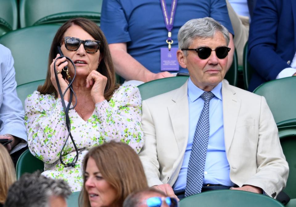 LONDON, ENGLAND - JULY 10: Carole Middleton and Michael Middleton attend day ten of the Wimbledon Tennis Championships at the All England Lawn Tennis and Croquet Club on July 10, 2024 in London, England. (Photo by Karwai Tang/WireImage)
