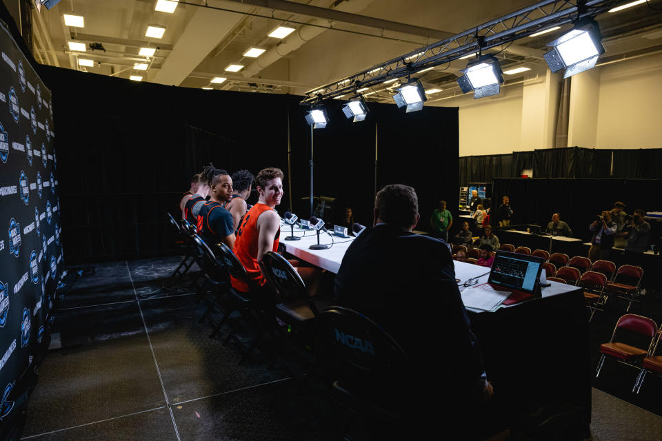 Princeton’s Tosan Evbuomwan and Ryan Langborg during a televised interview at the KFC Yum! Center in Louisville, Ky., on March 23, 2023.<span class="copyright">Jon Cherry for TIME</span>