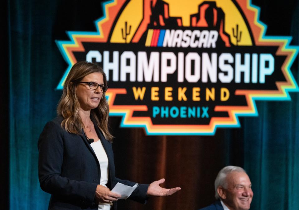 Phoenix Raceway president Julie Giese (left) speaks at the NASCAR Championship Ignition Luncheon, August 30, 2022, at the Arizona Biltmore, 2400 E Missouri Ave., Phoenix, Arizona.