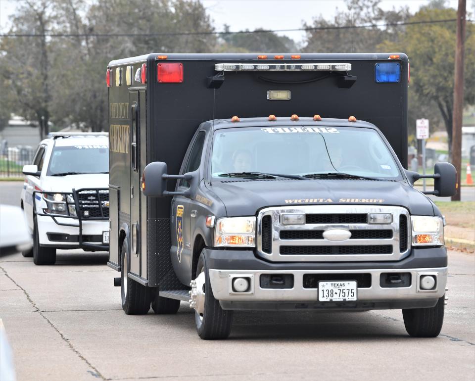 The Wichita County Sheriff's Office arrives at their first stop; Helen Farabee Center, during the Angel Tree Program on Wednesday, December 7, 2022.