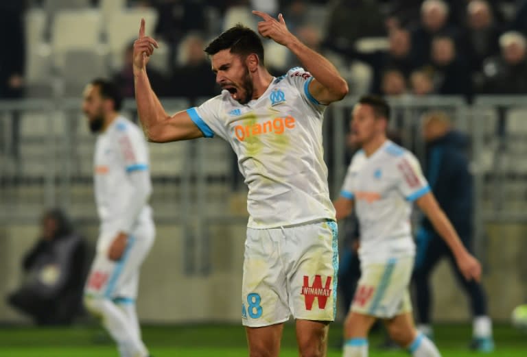 Marseille's midfielder Morgan Sanson celebrates after scoring the equalizer against Bordeaux at The Matmut Atlantique Stadium on November 19, 2017